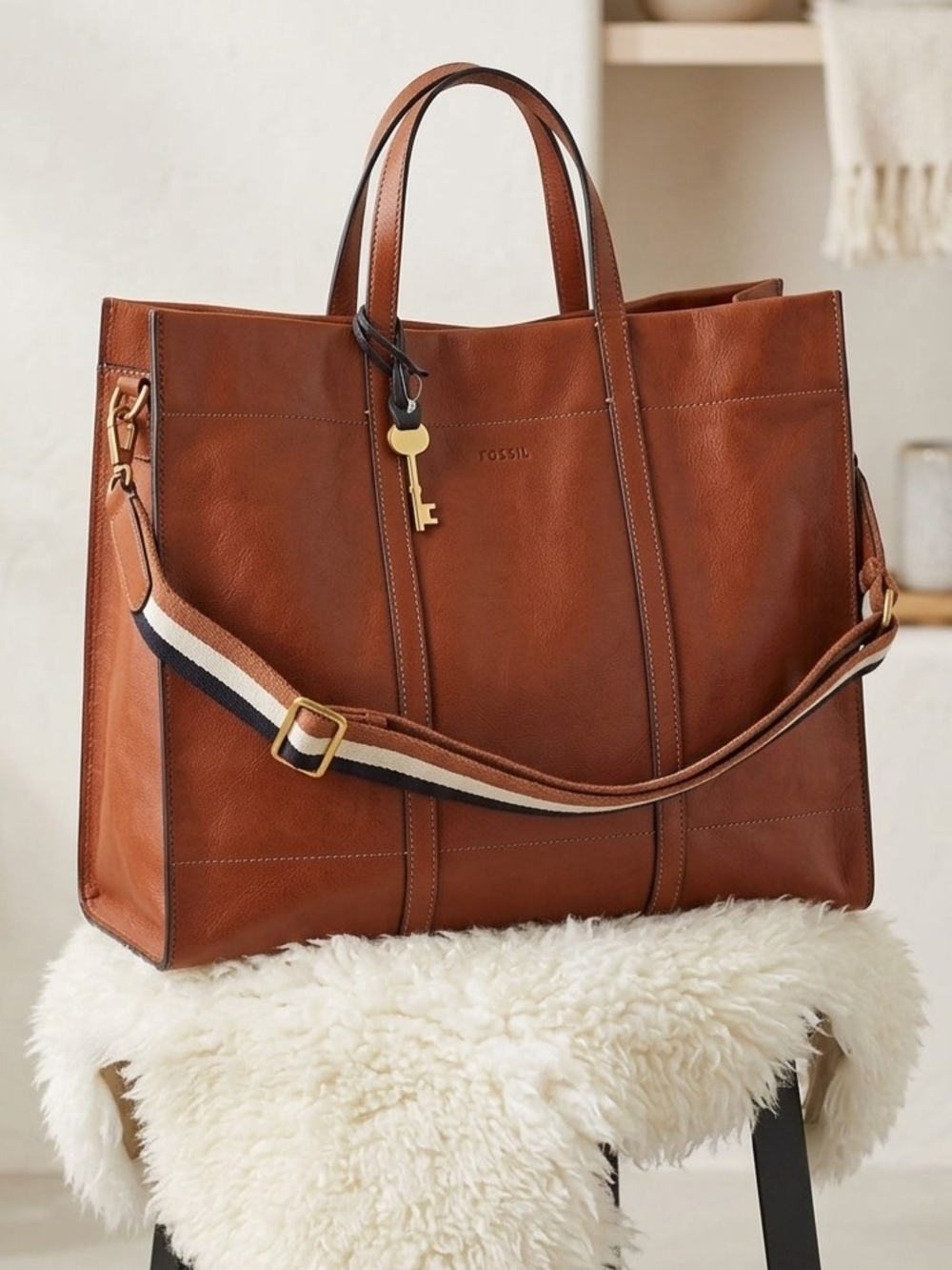 Fossil Carmen Large Leather Shopper Tote - Tan